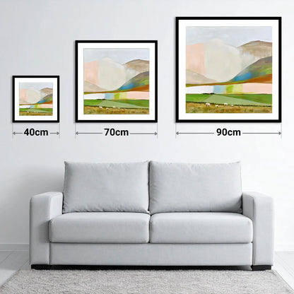 Pastel Storm Clouds Over Fells - size guide showing 40cm, 70cm and 90cm art prints