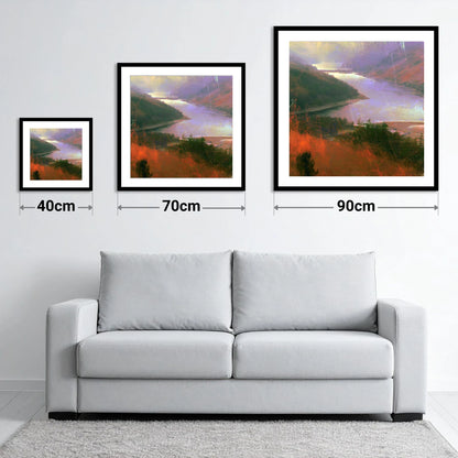 Thirlmere Reservoir Under Violet Skies - size guide showing 40cm, 70cm and 90cm art prints