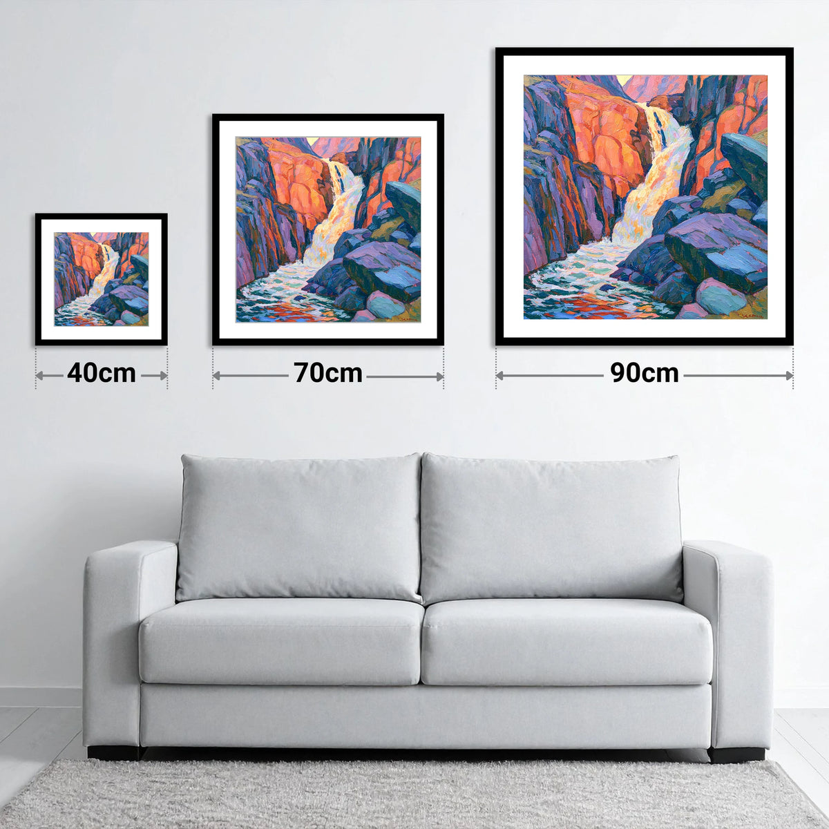 Vibrant Lake District Waterfall Cascade - size guide showing 40cm, 70cm and 90cm art prints