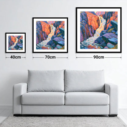 Vibrant Lake District Waterfall Cascade - size guide showing 40cm, 70cm and 90cm art prints