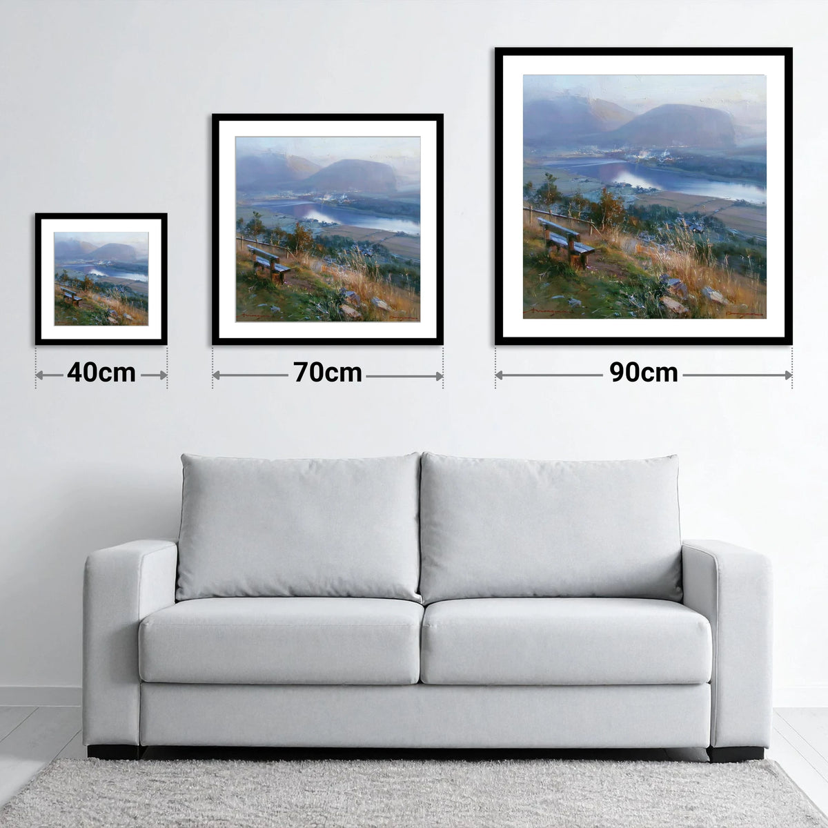 Elevated Bench Over Loweswater - size guide showing 40cm, 70cm and 90cm art prints