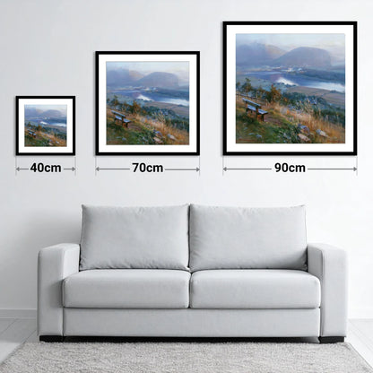 Elevated Bench Over Loweswater - size guide showing 40cm, 70cm and 90cm art prints