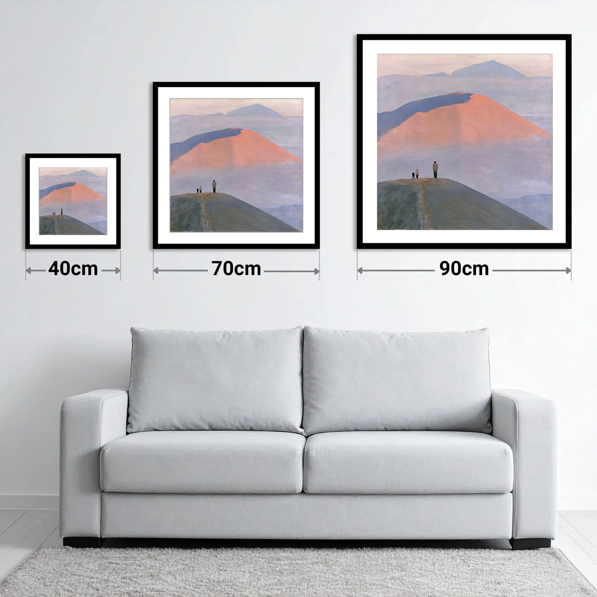 Hikers on a Pastel Fell Top - size guide showing 40cm, 70cm and 90cm art prints