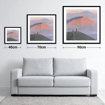 Hikers on a Pastel Fell Top - size guide showing 40cm, 70cm and 90cm art prints