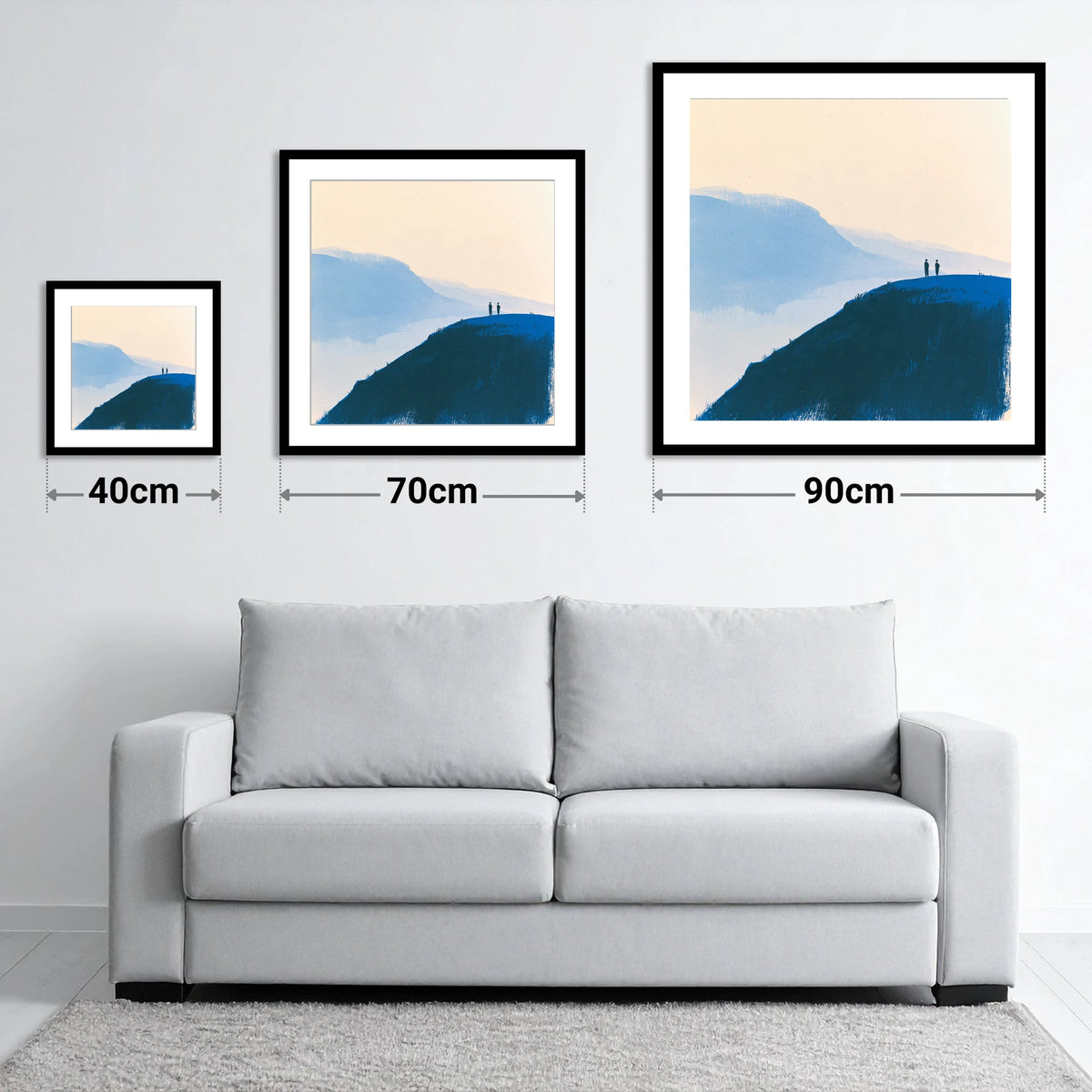 Silhouettes on a Blue Summit - size guide showing 40cm, 70cm and 90cm art prints