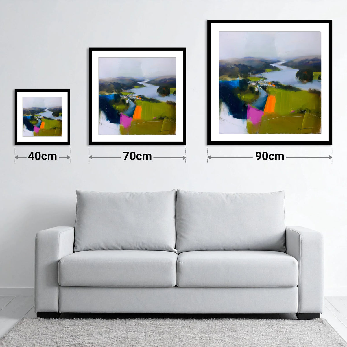 Vibrant Ambleside Lake View - size guide showing 40cm, 70cm and 90cm art prints