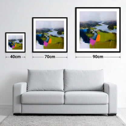 Vibrant Ambleside Lake View - size guide showing 40cm, 70cm and 90cm art prints