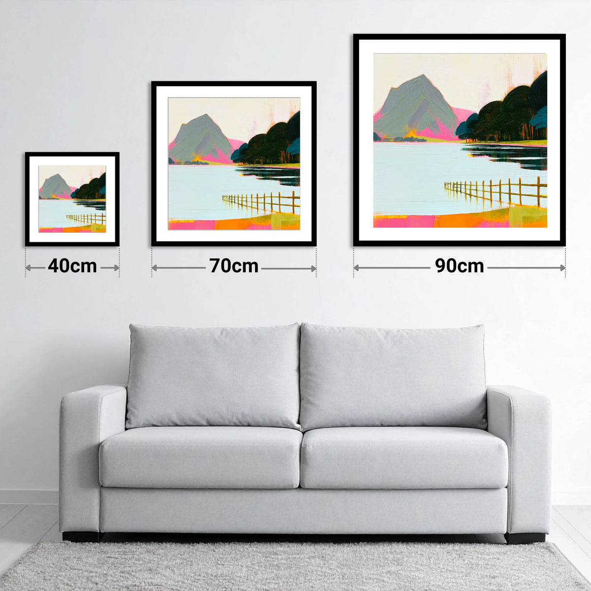 Vibrant Pink Shores Of Buttermere - size guide showing 40cm, 70cm and 90cm art prints