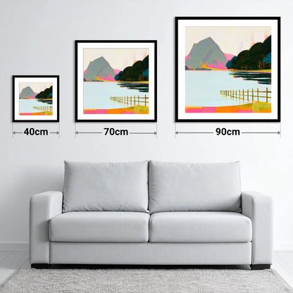 Vibrant Pink Shores Of Buttermere - size guide showing 40cm, 70cm and 90cm art prints