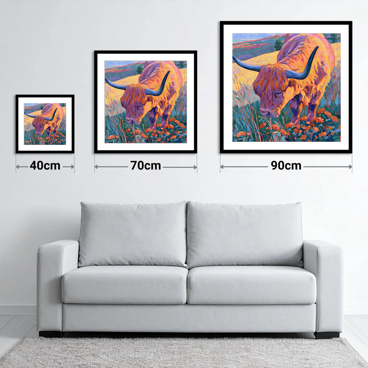 Vibrant Highland Cow Grazing the Fells - size guide showing 40cm, 70cm and 90cm art prints