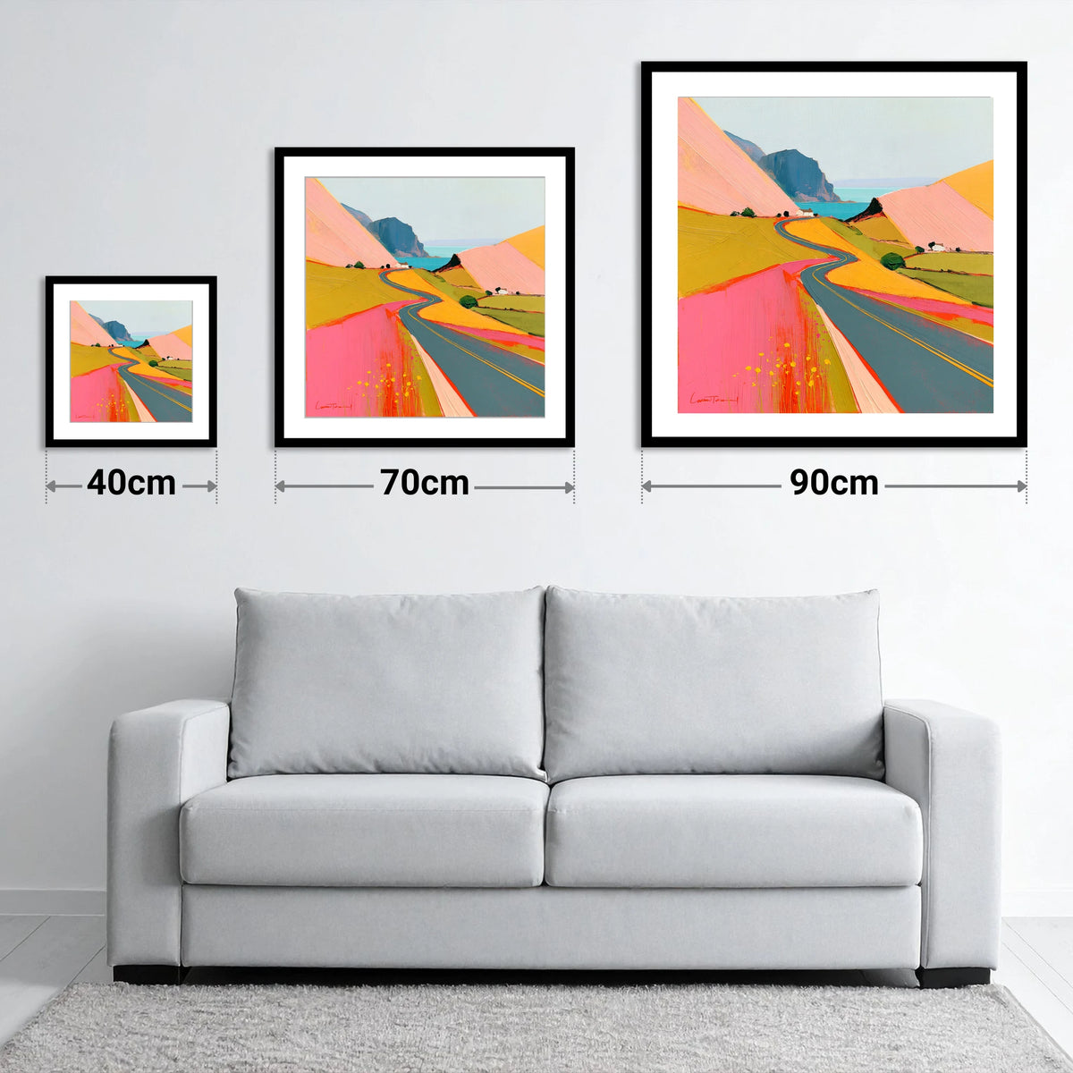 Bold Pink Mountain Pass - size guide showing 40cm, 70cm and 90cm art prints
