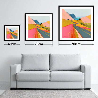 Bold Pink Mountain Pass - size guide showing 40cm, 70cm and 90cm art prints