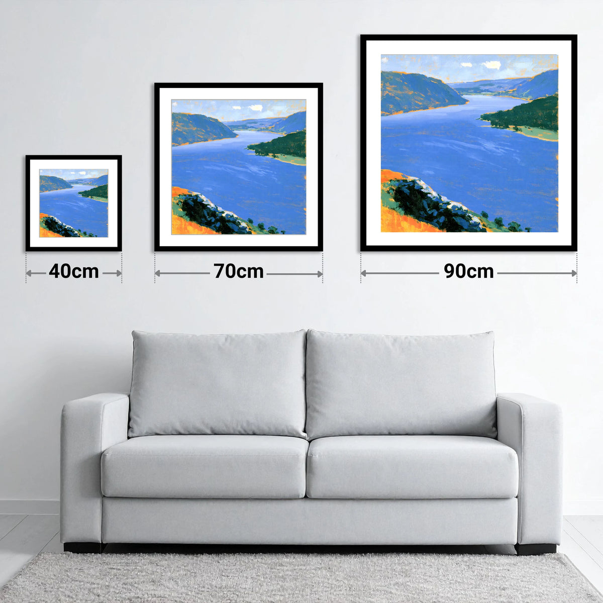 Vibrant Ullswater From Gowbarrow Fell - size guide showing 40cm, 70cm and 90cm art prints