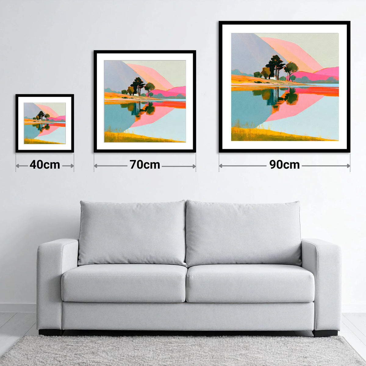 Pink Fells and Lake Reflections - size guide showing 40cm, 70cm and 90cm art prints