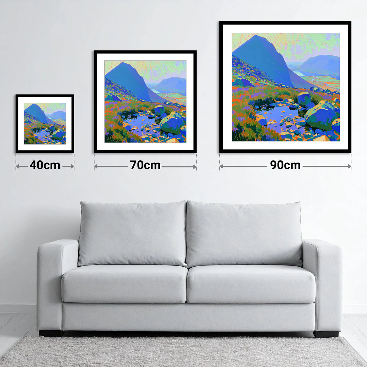 Vibrant Haystacks and Rocky Tarn - size guide showing 40cm, 70cm and 90cm art prints