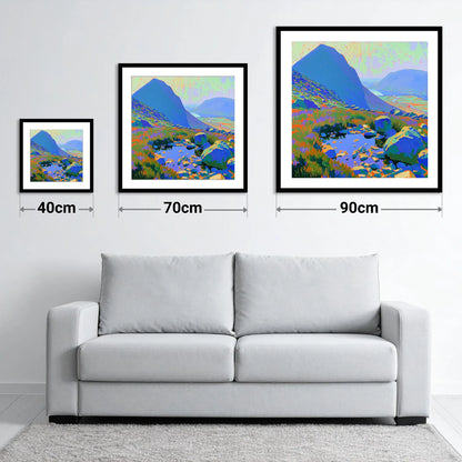 Vibrant Haystacks and Rocky Tarn - size guide showing 40cm, 70cm and 90cm art prints