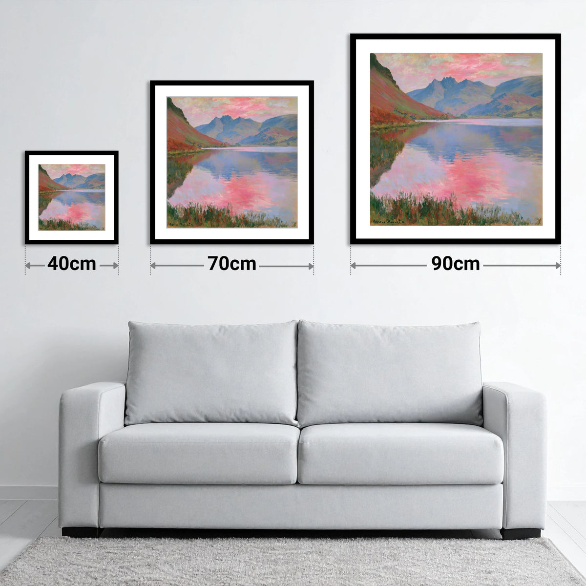 Pink Sunset Reflections on Loweswater - size guide showing 40cm, 70cm and 90cm art prints