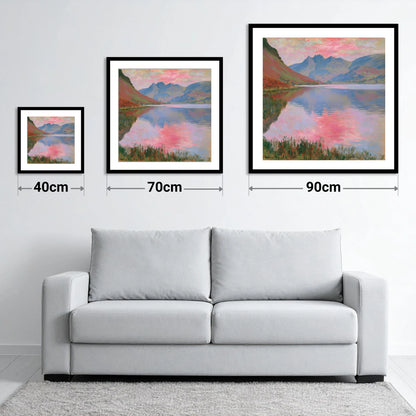 Pink Sunset Reflections on Loweswater - size guide showing 40cm, 70cm and 90cm art prints