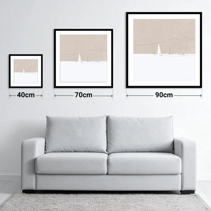 Minimalist Sailboats and Distant Fells - size guide showing 40cm, 70cm and 90cm art prints