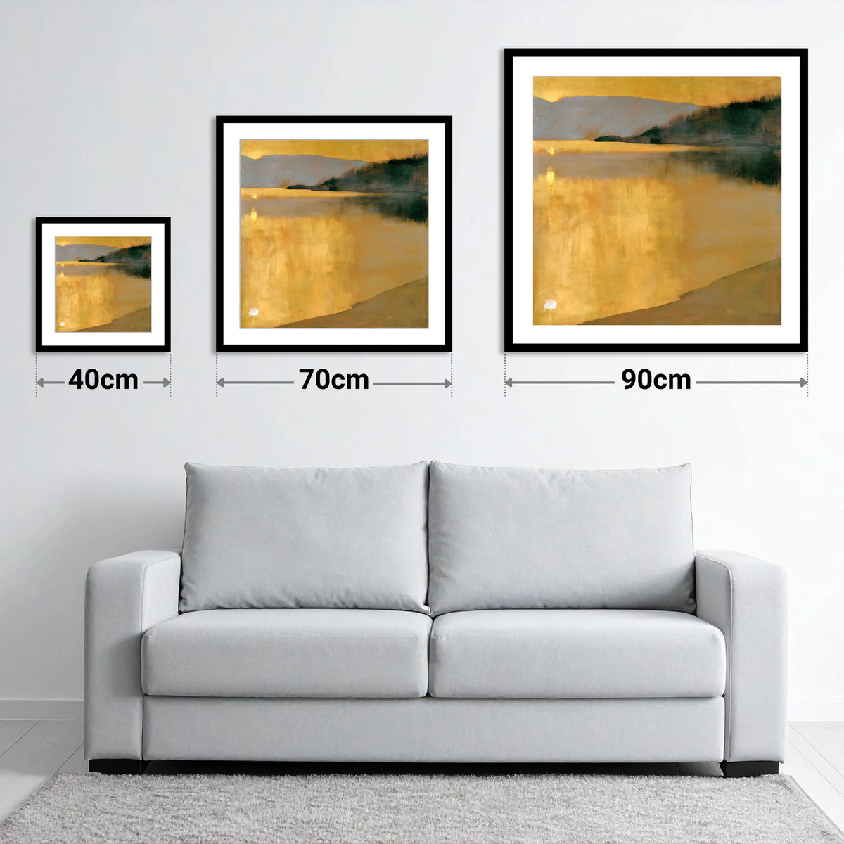 Golden Sunrise on the Lake - size guide showing 40cm, 70cm and 90cm art prints