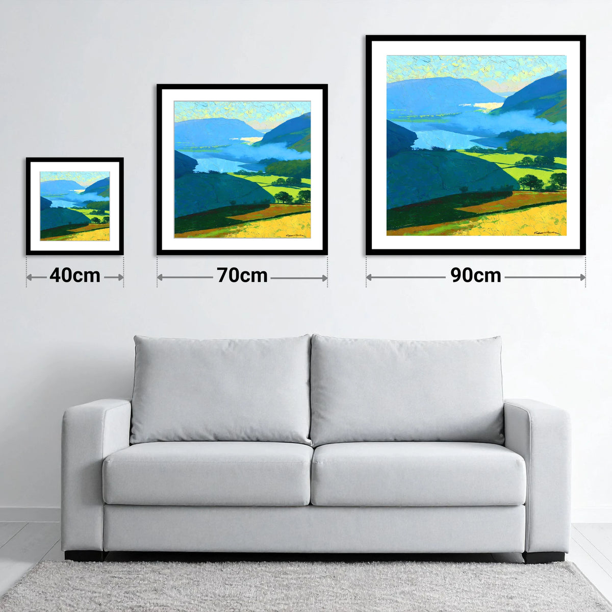 Misty Valley and Sunlit Lakeland Fields - size guide showing 40cm, 70cm and 90cm art prints