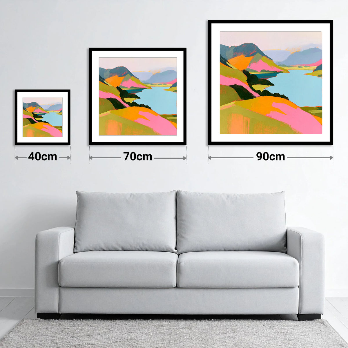 Bold Pink Fells and Lake - size guide showing 40cm, 70cm and 90cm art prints