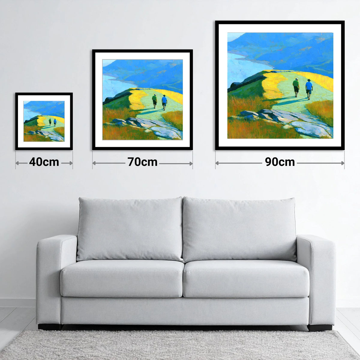 Fell Walkers on a Sunlit High Ridge - size guide showing 40cm, 70cm and 90cm art prints