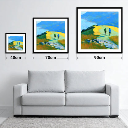 Fell Walkers on a Sunlit High Ridge - size guide showing 40cm, 70cm and 90cm art prints