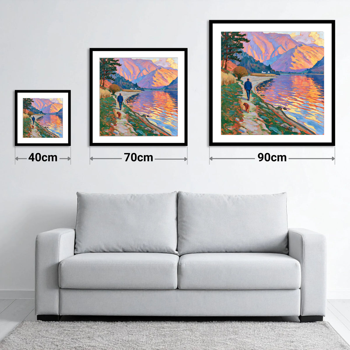 Vivid Glenridding Dog Walk - size guide showing 40cm, 70cm and 90cm art prints