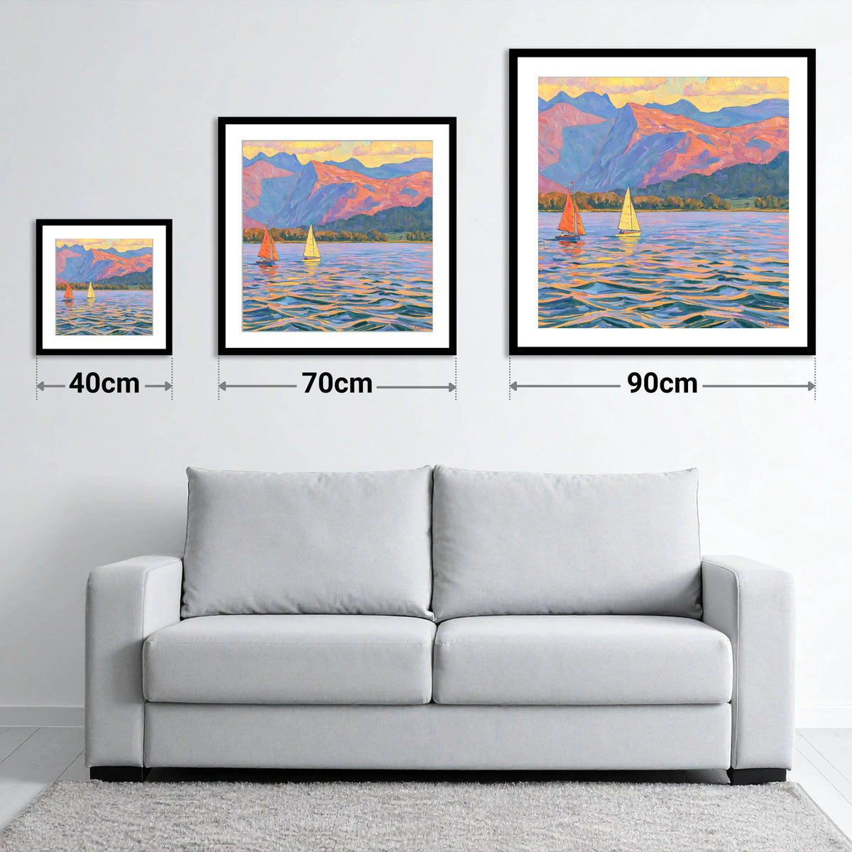 Colourful Evening Sails on Windermere - size guide showing 40cm, 70cm and 90cm art prints