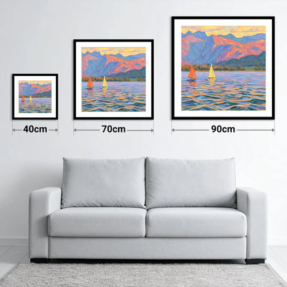 Colourful Evening Sails on Windermere - size guide showing 40cm, 70cm and 90cm art prints