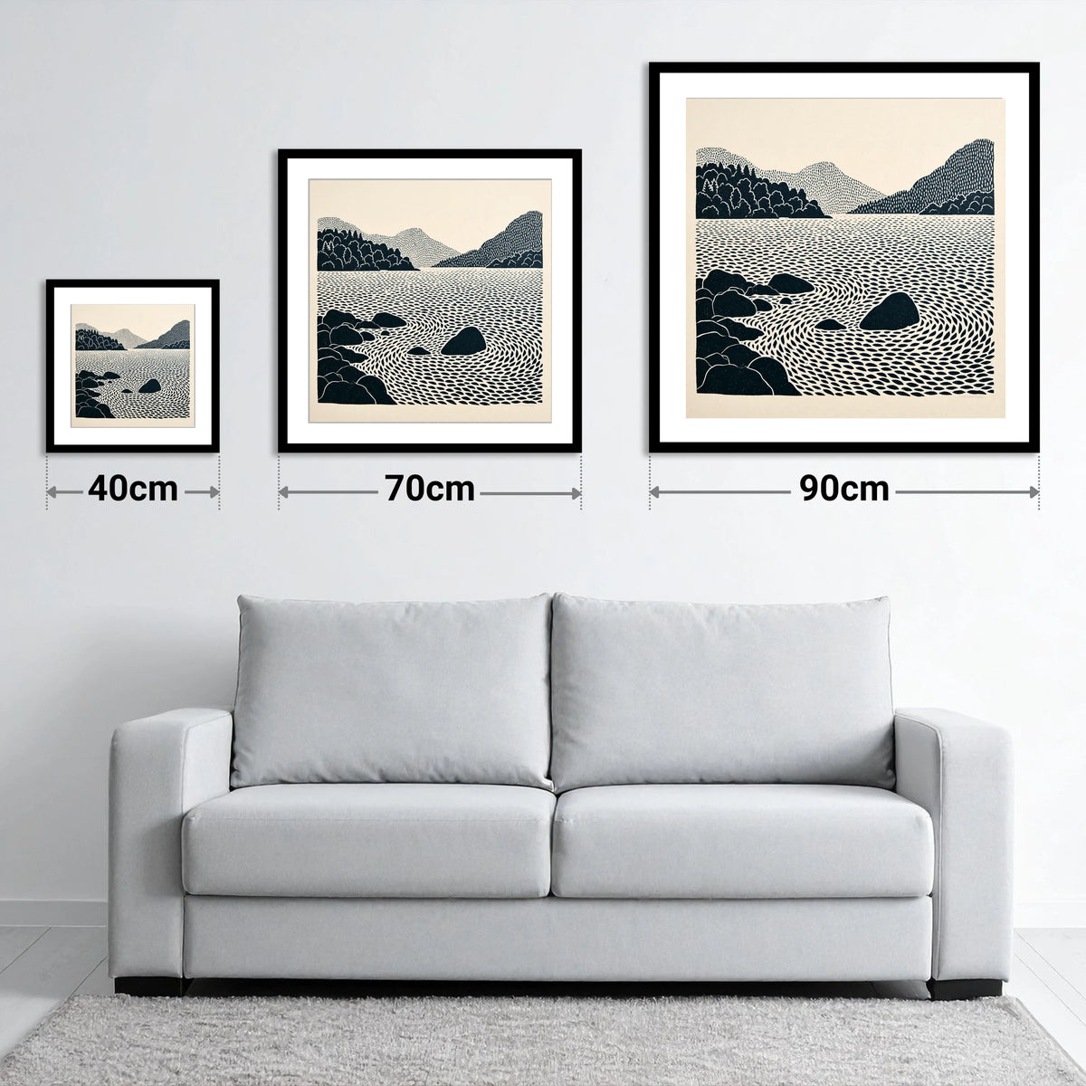 Coniston Water Rhythmic Ripples - size guide showing 40cm, 70cm and 90cm art prints