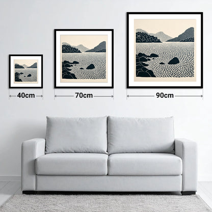 Coniston Water Rhythmic Ripples - size guide showing 40cm, 70cm and 90cm art prints