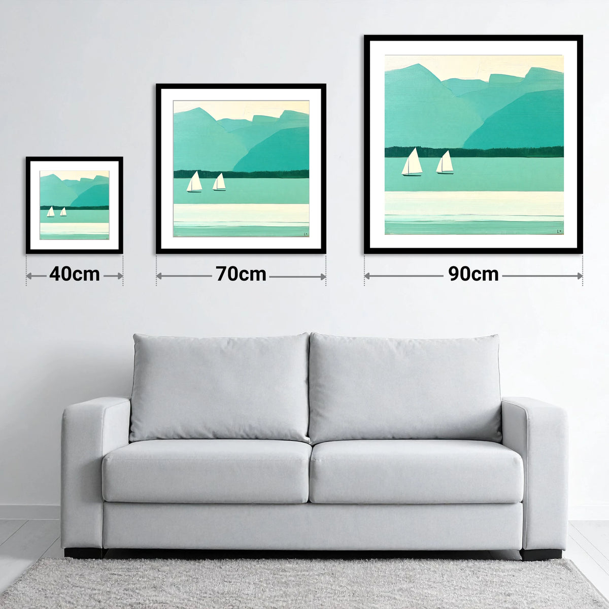 Two Sailboats on Teal Windermere - size guide showing 40cm, 70cm and 90cm art prints