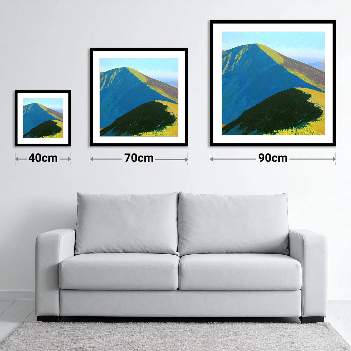 Grisedale Pike in Vibrant Sunlight - size guide showing 40cm, 70cm and 90cm art prints