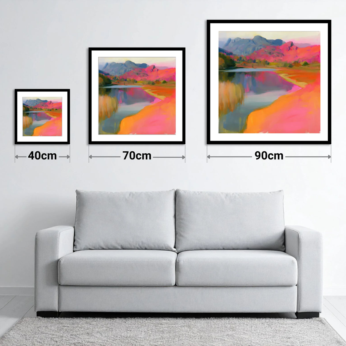 Vibrant Elterwater and Pink Fells - size guide showing 40cm, 70cm and 90cm art prints