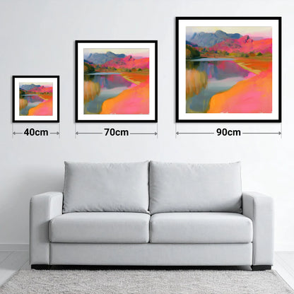 Vibrant Elterwater and Pink Fells - size guide showing 40cm, 70cm and 90cm art prints