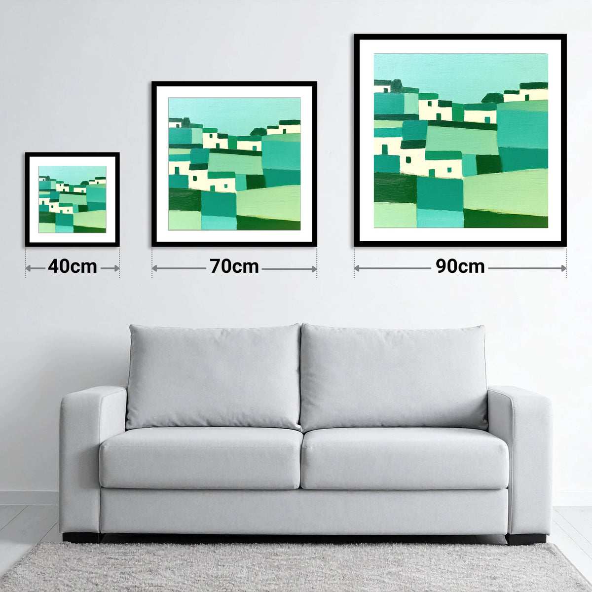 Abstract Cartmel Village Landscape - size guide showing 40cm, 70cm and 90cm art prints