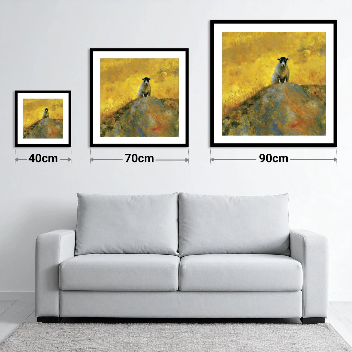 Herdwick Sheep in Golden Light - size guide showing 40cm, 70cm and 90cm art prints