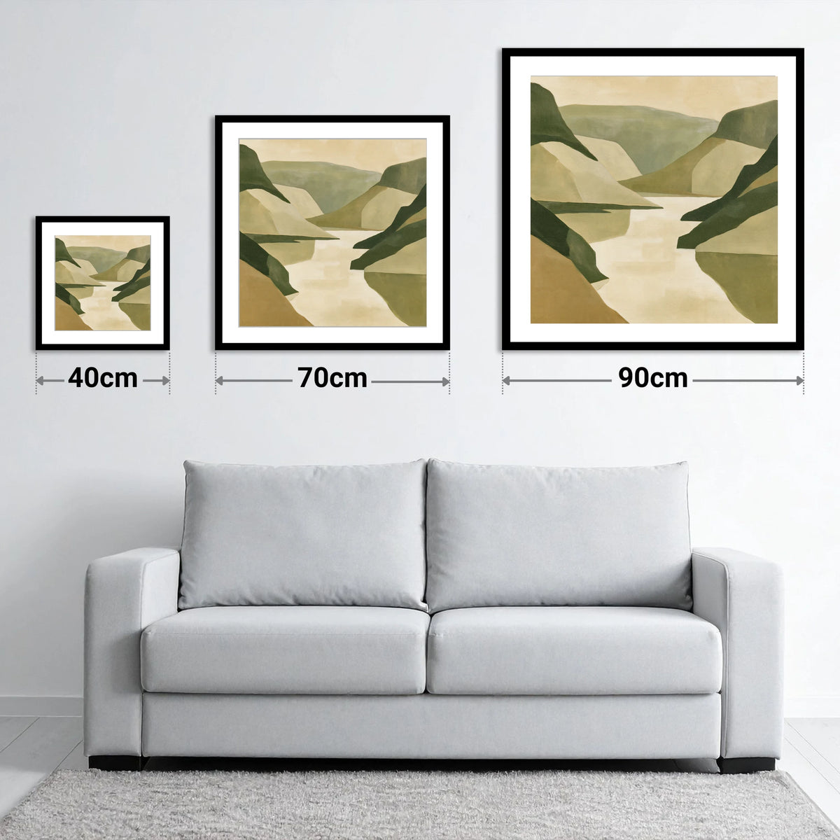 Geometric Fells and Pale Lake - size guide showing 40cm, 70cm and 90cm art prints