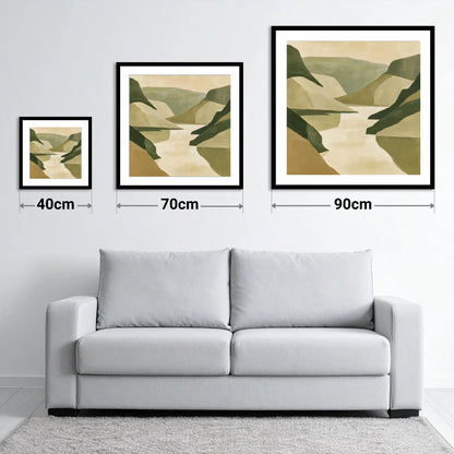 Geometric Fells and Pale Lake - size guide showing 40cm, 70cm and 90cm art prints