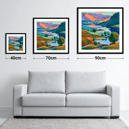 Vibrant Fells and Winding Lake - size guide showing 40cm, 70cm and 90cm art prints