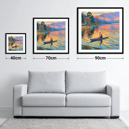 Sunset Kayaker on the Lake - size guide showing 40cm, 70cm and 90cm art prints