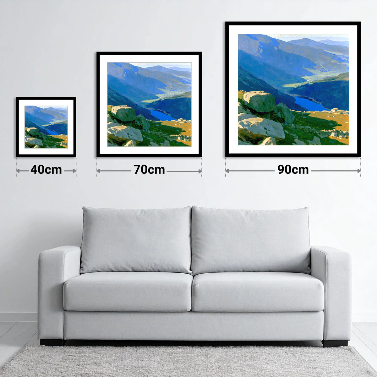 Summit View Over Deep Blue Valley - size guide showing 40cm, 70cm and 90cm art prints