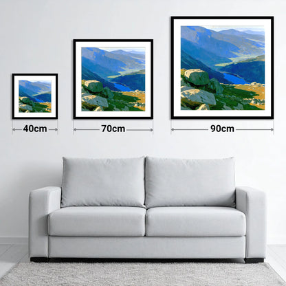 Summit View Over Deep Blue Valley - size guide showing 40cm, 70cm and 90cm art prints