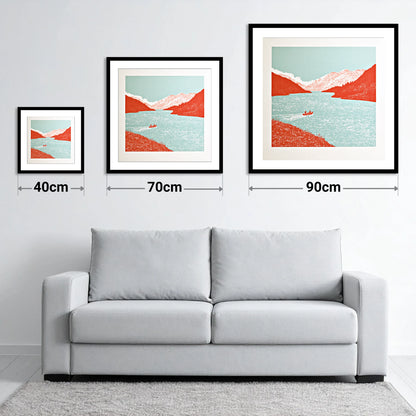 Coniston Water in Vivid Red - size guide showing 40cm, 70cm and 90cm art prints