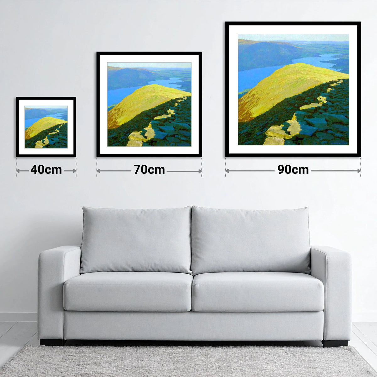 Sunlit Ridge from Heron Pike - size guide showing 40cm, 70cm and 90cm art prints