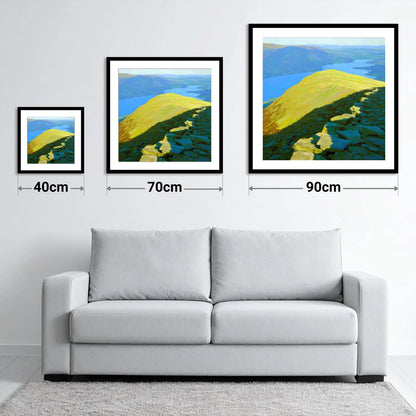 Sunlit Ridge from Heron Pike - size guide showing 40cm, 70cm and 90cm art prints