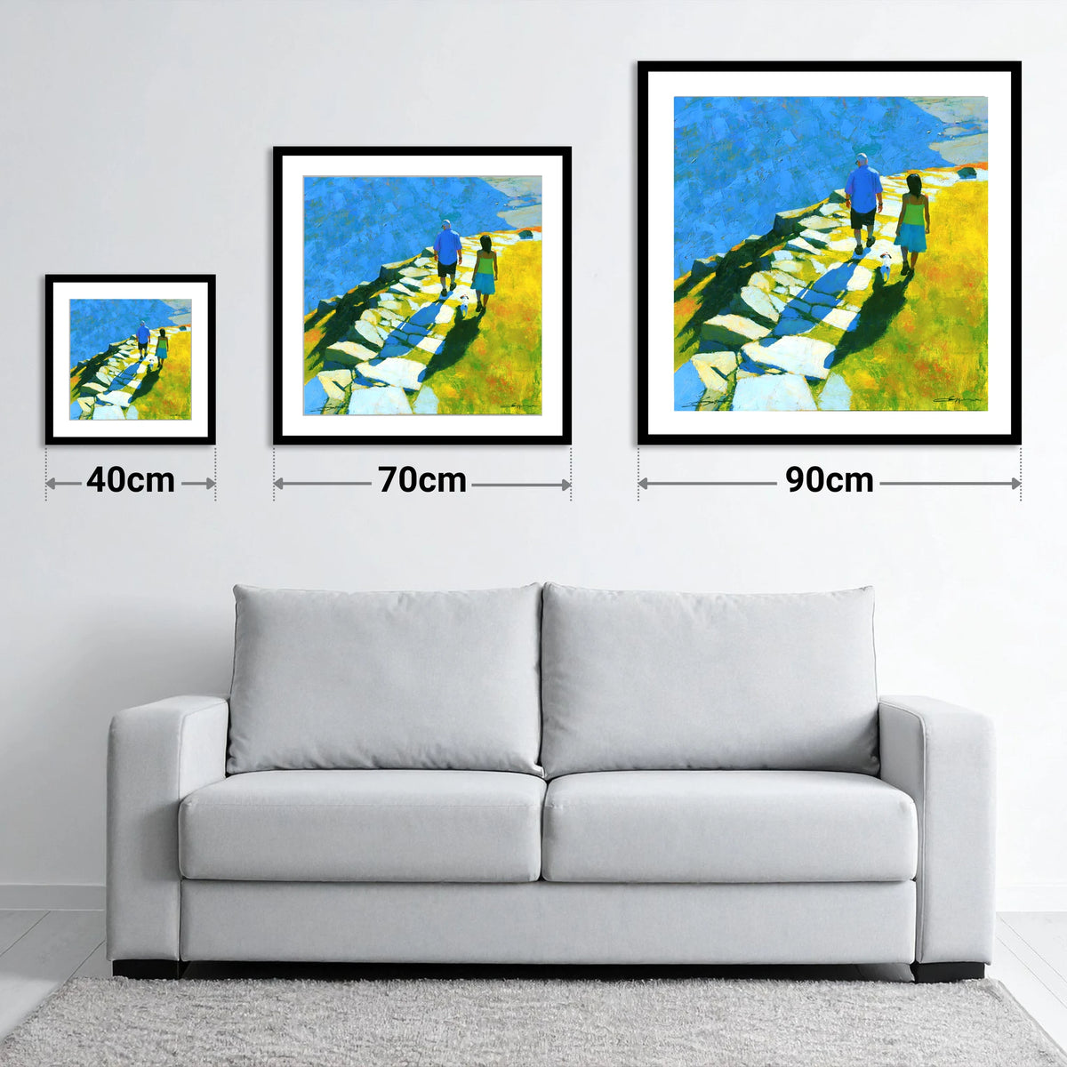 Summer Fell Walk with Blue Shadows - size guide showing 40cm, 70cm and 90cm art prints