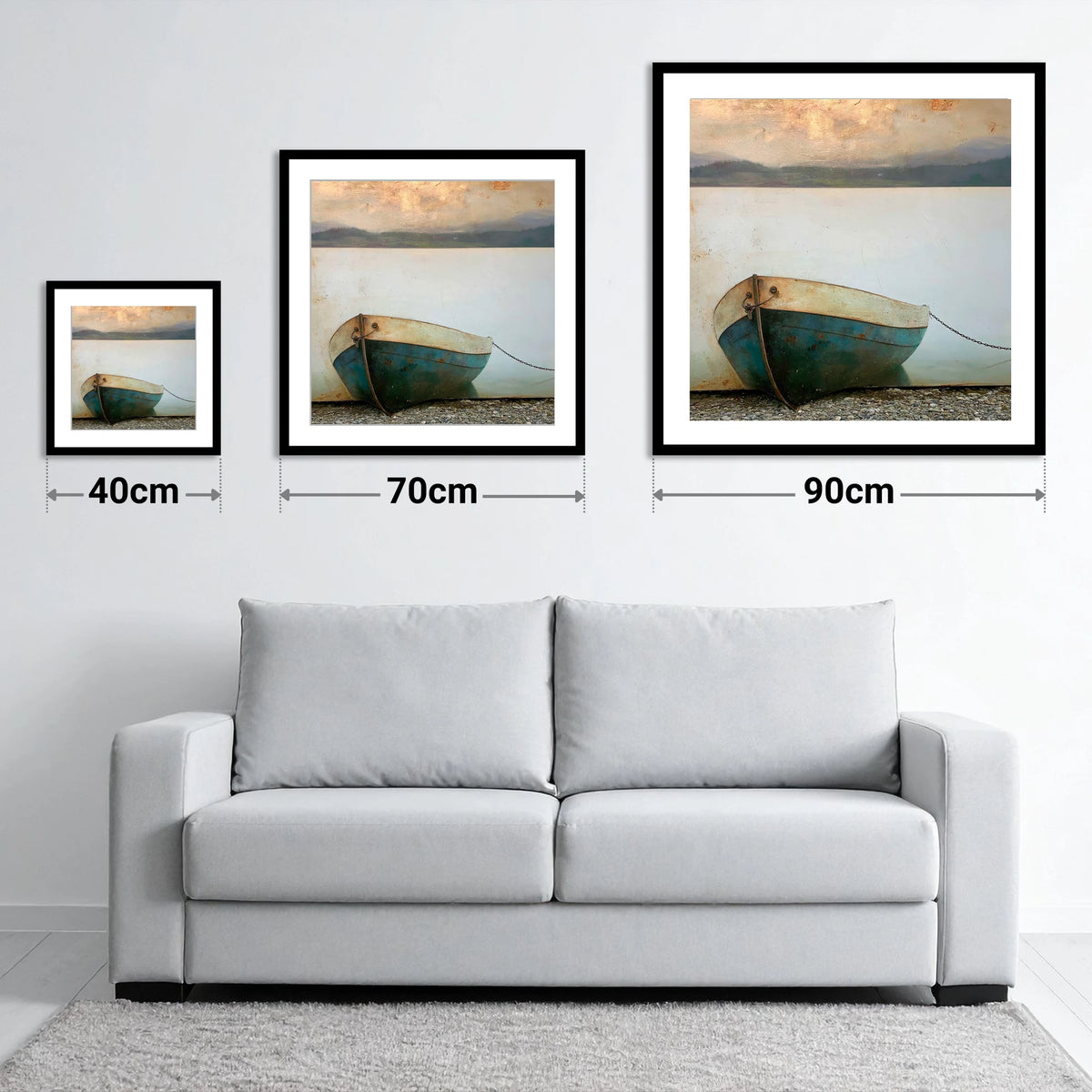 Grounded Boat on Misty Windermere - size guide showing 40cm, 70cm and 90cm art prints